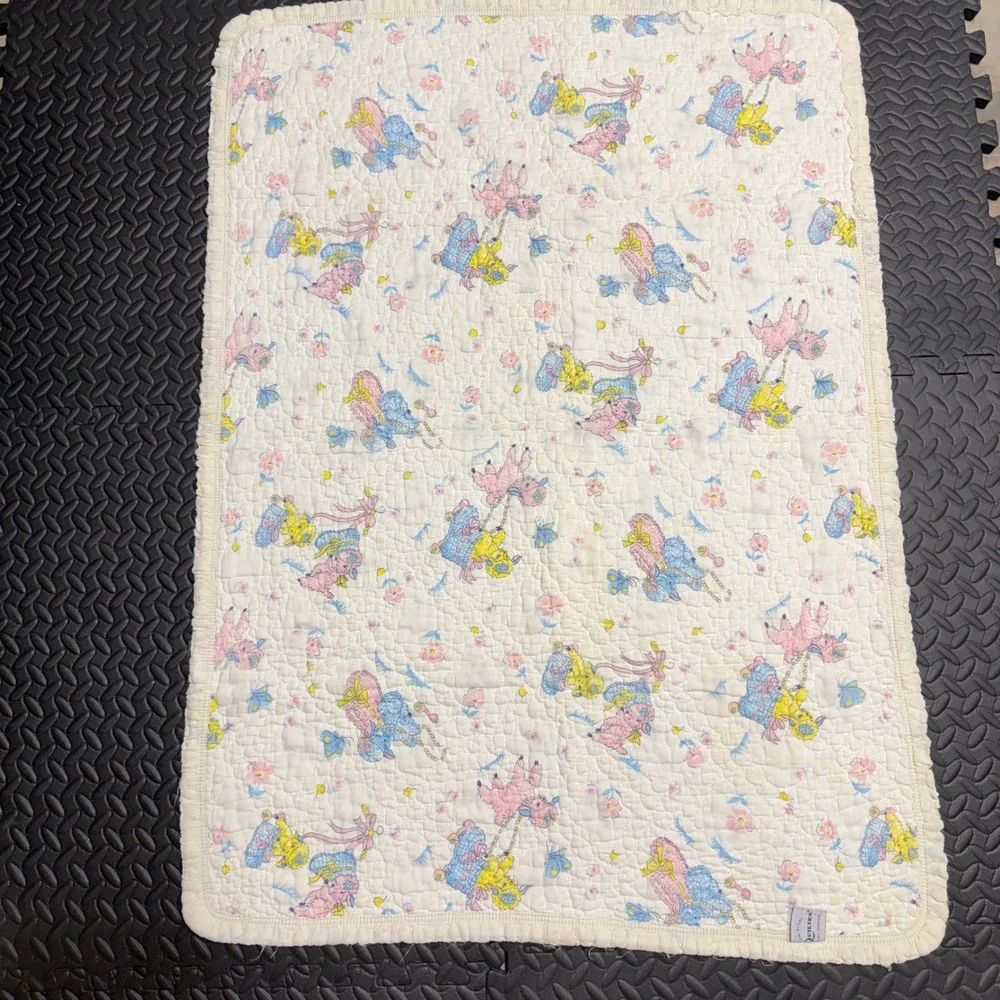 Quiltex Baby Blanket Infant White 1950s Vintage Poodle Print Quilted Ruffle READ